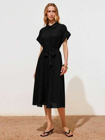 Lumivelle Women's Casual Solid Color Ruffle Trim Short Sleeve Commuter Shirt Dress, Work Dress