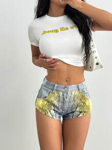 SHEIN Unity Printed Denim Shorts, Fashionable For Summer - Multicolor - View 6