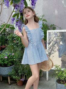 LMoss Kids LMoss Tween Girls Woven Striped Ruffle Hem Casual Romper - Blue and White - View 5