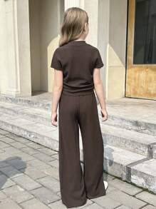 SHEIN 青少年女孩纯咖啡色纹理针织侧褶高领紧身上衣和阔腿裤两件套