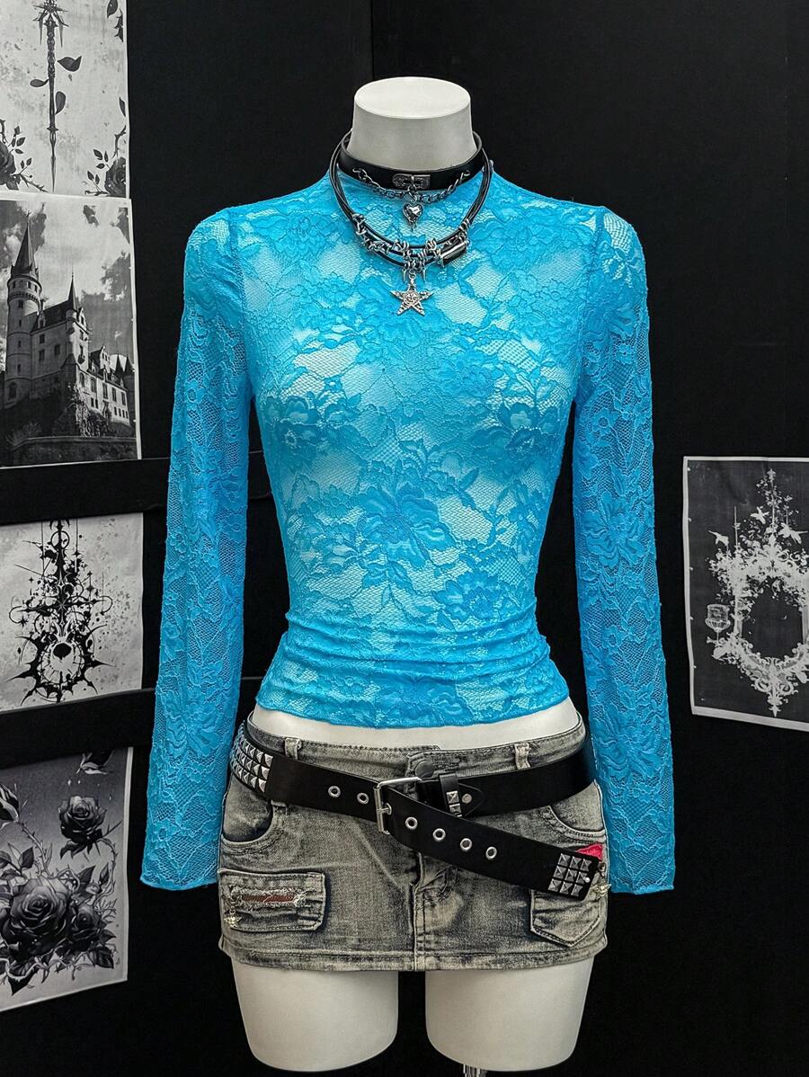 SHEIN Tall 女士蕾丝透视性感俱乐部上衣 - 藍色 - 查看 1