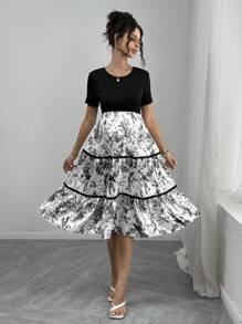SHEIN Maternity Floral Print & Ruffle Patchwork Crew Neck Short Sleeve Dress - Black and White - View 3