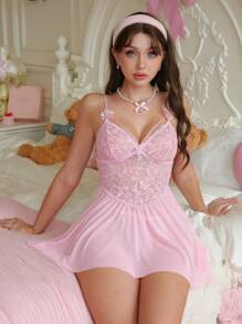 PetitDoll 1pc Women Contrast Lace Sexy Camisole Slip Babydoll Dress And G-String Set