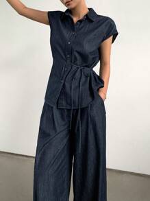 DAZY 2 件套女士夏季翻领无袖侧系带腰部设计衬衫和宽松休闲阔腿裤，牛仔街头风格休闲套装 - 深色水洗藍 - 查看 5