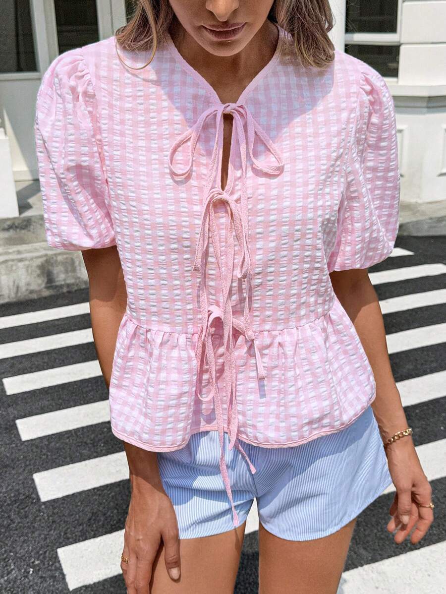 SHEIN LUNE 女士休闲格子泡泡袖撞色蝴蝶结衬衫春夏基本款日常上衣夏季机场暑假女沙滩外出上衣可爱夏季上衣节日 - 粉色 - 查看 1