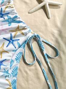 Swim Mod Summer Holiday Random Printed Ribbed Textured Fabric Spaghetti Strap Drawstring Side Sexy Monokini Swimsuit For Women Vacation - Multicolor - View 4