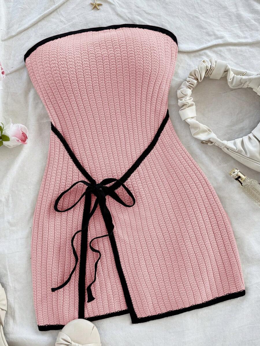 Soleia Casual Comfortable Contrast Color Lace-Up Fitted Sweater Dress - Pink - View 1