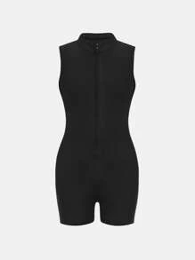 Tween Girls Zip Up Half Zip Unitard Black Sleeveless Romper,Back To School,Leisure Outing - Black - View 2
