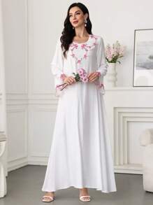 Al Najma 阿拉伯风格圆领喇叭袖彩色刺绣下摆喇叭裙，春夏季，端庄 - 白色 - 查看 5