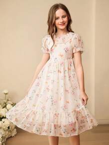 SHEIN Girls' Elegant Lady Round Neck Puff Sleeve Flounced Waist Midi Floral Print Chiffon Dress - Apricot - View 1