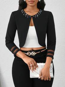 SHEIN Lady Thin Coat Neckline Diamond Jacket Women Tops Birthday&Event /Office /Church /Wedding /Holiday Office Outfits For Women In Fall/Winter - Black - View 6