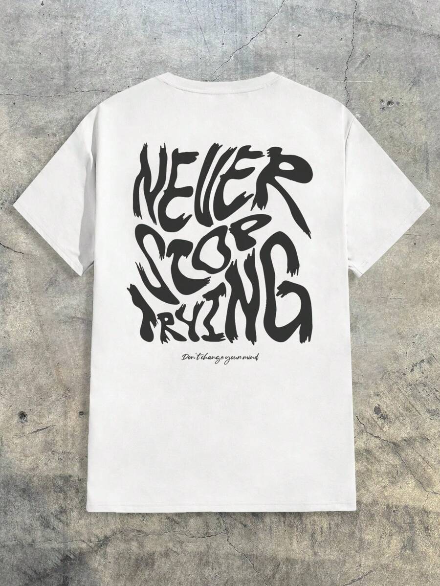 AXEPEAK 男士夏季标语印花圆领短袖休闲T恤，街头风版 - 白色 - 查看 1