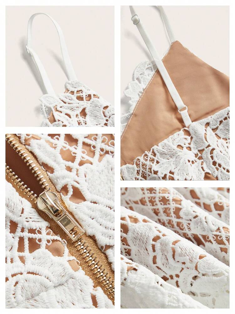 Women Summer Elegant Vacation Holiday Beach Festival Floral Lace V Neck Midi Slip Dress