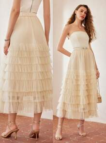 MOTF PREMIUM Saia de malha com bainha em camadas e babados - Damasco - Visão 9