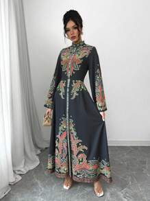 Chiquease 女士花卉印花优雅立领喇叭袖度假连衣裙