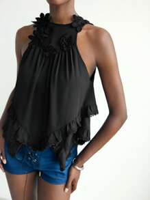 Maija Boho Black 3D Floral Print Sleeveless Ruffled Hem Top For Women, Music Festival Summer Vacation Style - Black - View 5