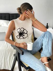 Siren Gaze Women Elegant Floral Sleeveless Round Neck Knitted Sweater Vest Going Out Tops Women Summer Casual - Beige - View 5