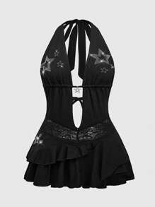 ROMWE Goth Y2K Sexy Starry Rhinestones Pendant Backless Women Halter Dress - Black - View 5