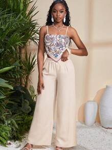 SHEIN Leap Crew Conjunto de top de camisola con estampado de colocación tejido para adolescentes, pantalones de corte holgado y acampanado, vestido mini de verano con lunares y mangas abullonadas en color albaricoque, vestido de línea A con abertura lateral, vestidos de verano en tonos pastel - Albaricoque - Ver 9