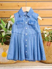 SHEIN Baby Girls' Blue Denim Shirt Dress With Pleated Skirt - Light Wash - View 7