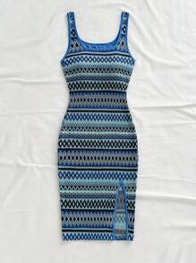 Soleia Women Casual Wave Striped Square Neck Slip Dress Spring Summer Outfits For Women Boho Beach West Music Festival Holiday Date Night Afternoon Tea Blue Knit Dress Blue Summer Dress Bodycon Dress Striped Knit Dress Tummy Control Dress