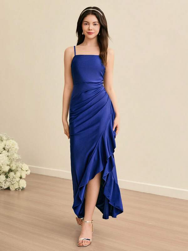 SHEIN Teen Girls Navy Blue Asymmetrical Off Shoulder Backless Split Slim Halter Ruffles Homecoming Dresses,Suitable For Birthday Party, Masquerade Ball, Party, Holiday Celebration, Stage Performance Christmas Dresses,Halloween Dresses,Thanksgiving Dresses,Party Prom Dress, Plain Dresses