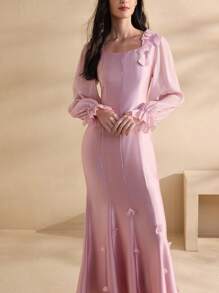 Graceveil Women's Square Neck Solid Color Long Sleeve Elegant Fishtail Hem Dress - Pink - View 3