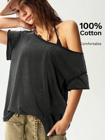 Bohemela Áo thun nữ cổ tròn tay ngắn màu trơn đơn giản rộng rãi