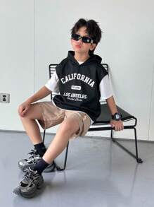 SHEIN Leap Crew 3pcs/Set Tween Boys Casual Loose Fit Black Hooded Vest, White Knit Round Neck T-Shirt, And Khaki Elastic Waist Cargo Pocket Shorts Outfit - Black - View 6