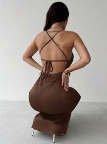 Firerie New Elegant Romantic Green Satin Maxi Dress With Spaghetti Straps And Open Back, Suitable For Valentine's Day, Wedding Season, St. Patrick's Day, Spring/Summer,Boho Clothes Women - Chocolate Brown - View 7