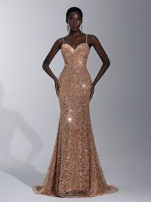 Elitara 优雅奢华香槟色亮片刺绣褶皱细肩带露背鱼尾连衣裙，适合约会、派对、正式场合、宴会（大量装饰） - 香檳色 - 查看 7
