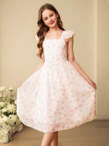 SHEIN Vestido largo de gasa sin mangas de cintura alta con estampado floral pequeño (tipo 'Ditsy') elegante para niña preadolescente, vestido de playa de verano rosa para niñas - Rosa - Ver 3
