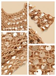 Anewsta 时尚性感亮片手工钩编沙滩罩衫 - 卡其色 - 查看 8