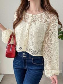 FRIFUL 女士蕾丝灯笼袖上衣，透视薄纱面料，适合毕业典礼、各种场合、度假 - 杏色 - 查看 4