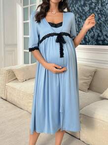 SHEIN 2件套蕾丝拼布无袖睡袍和宽松吊带裙孕妇睡衣套装 - 藍色 - 查看 6