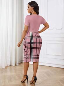 SHEIN Lady 黑色衬衫领印花女装拉链设计修身女装 - 藕粉色 - 查看 2