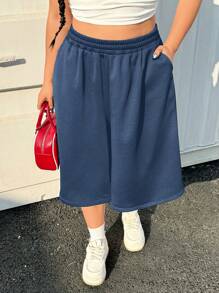 SHEIN EZwear 大码休闲超宽蓝色七分裤长运动短裤，春夏 - 藍色 - 查看 6