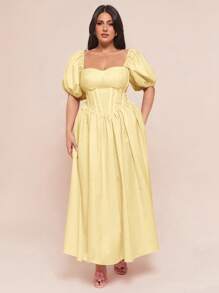 SHEIN BAE Damen Große Größen Kleidung Hochzeitskleider Brautjungfernkleider Minikleidern Partykleider Datumskleider Urlaubskleider Damen Große Größen Sommer Damen Große Größen Sommer Süße Puffärmel Cups Detail Aufwendige lange Maxikleider, Sommerkleider für Damen