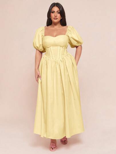 SHEIN BAE 女士大码服装 婚纱 伴娘服 迷你裙 派对服 约会服 节日服 大码女装夏季 大码女装夏季甜美泡泡袖罩杯细节蓬松长款连衣裙，女士夏季连衣裙