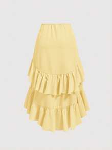SHEIN MOD Women's Creamy Yellow Summer Skirt With High-Low Hem ,Drawstring Ruffled Layered,Party Skirt,Boho Skirt,Lunch Skirt