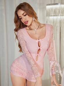 Miss Vinta 女士性感蕾丝连体裤，镂空蝴蝶结装饰 - 粉色 - 查看 1