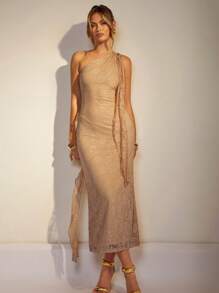 COSMINA Damen Kleid mit Metallblumen Dekor und extra langem Schulterteil - Gelb - Übersicht 5