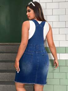 SHEIN ICON 大码休闲水洗牛仔背带裙 - 中等水洗藍 - 查看 2