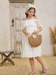 SHEIN Tween Girl Vacation Contrast Lace Ruffle Trim Cold Shoulder Mini Dress - White - View 3