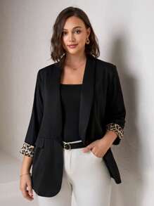 Chikora Black Contrast Leopard Print Plus Size Women's Blazer With Cuff Splicing, Elegant Daily Wear Office Commute In Fall/Winter - Black - View 4