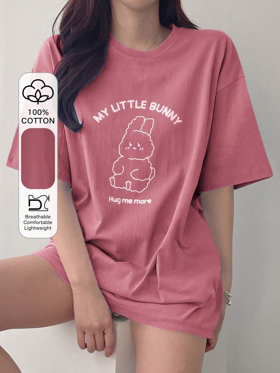 DAZY 女士圆领短袖兔子印花休闲T恤，教师服装