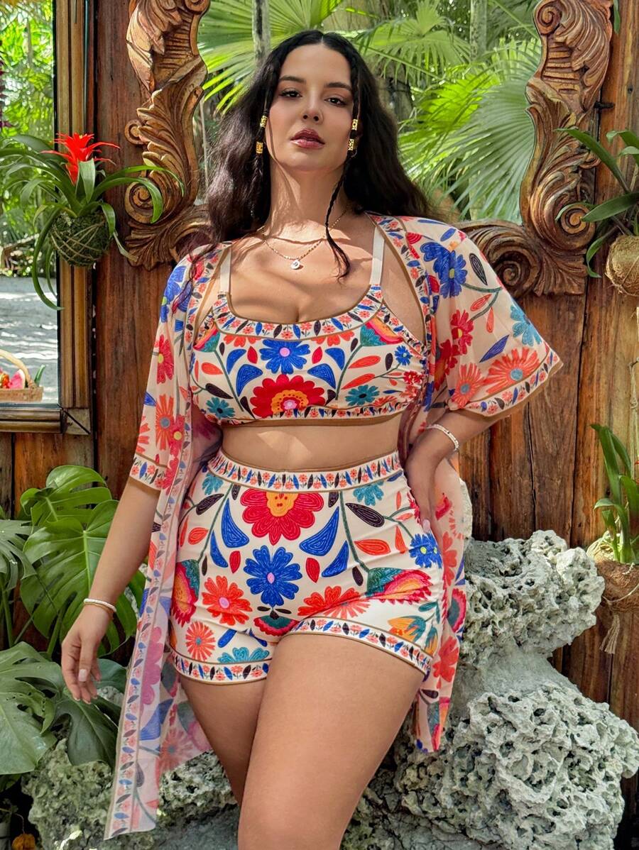 Slaysola 3 件套加大码女式花卉图案连体泳衣和罩衫套装，休闲夏季沙滩装 - 彩色 - 查看 1