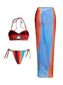 Swim Oasis 夏季性感撩人的海滩日落渐变色泳装套装和纱笼罩衫比基尼套装 - 彩色 - 查看 2