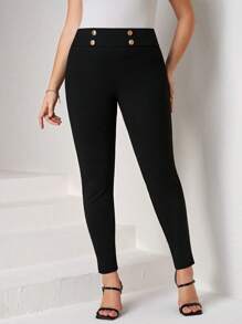 Chikora 大碼紐扣細節緊身打底褲