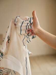 Anewsta 2件套植物花卉泡泡袖衬衫和直筒亚麻裤度假装 - 彩色 - 查看 8